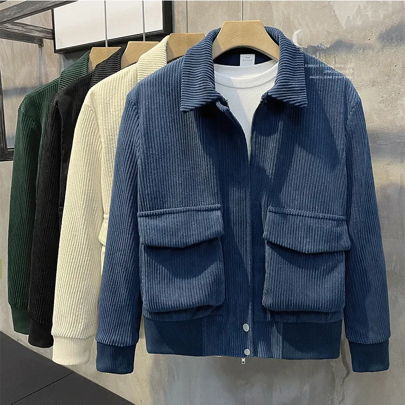 

Autumn Clothing Men's Corduroy Korean Jacket Fashion Casual Lapel Zipper Pocket Streetwear Luxury Coats 2024 New Leisure Clothes