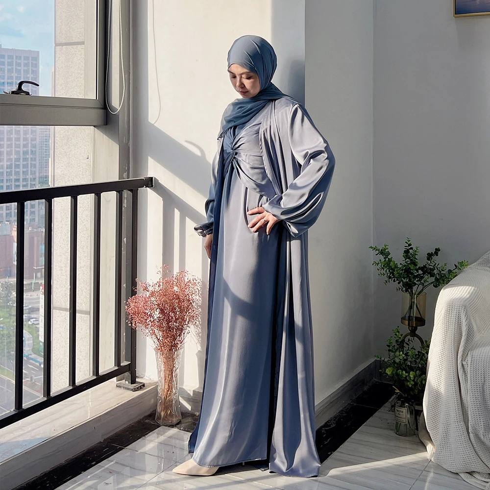 

Two Pieces Muslim Abaya Dress Set Women Brief Solid Dubai Turkey Arab Kimono Robe and Inner Dress Islamic Clothing Eid Ramadan