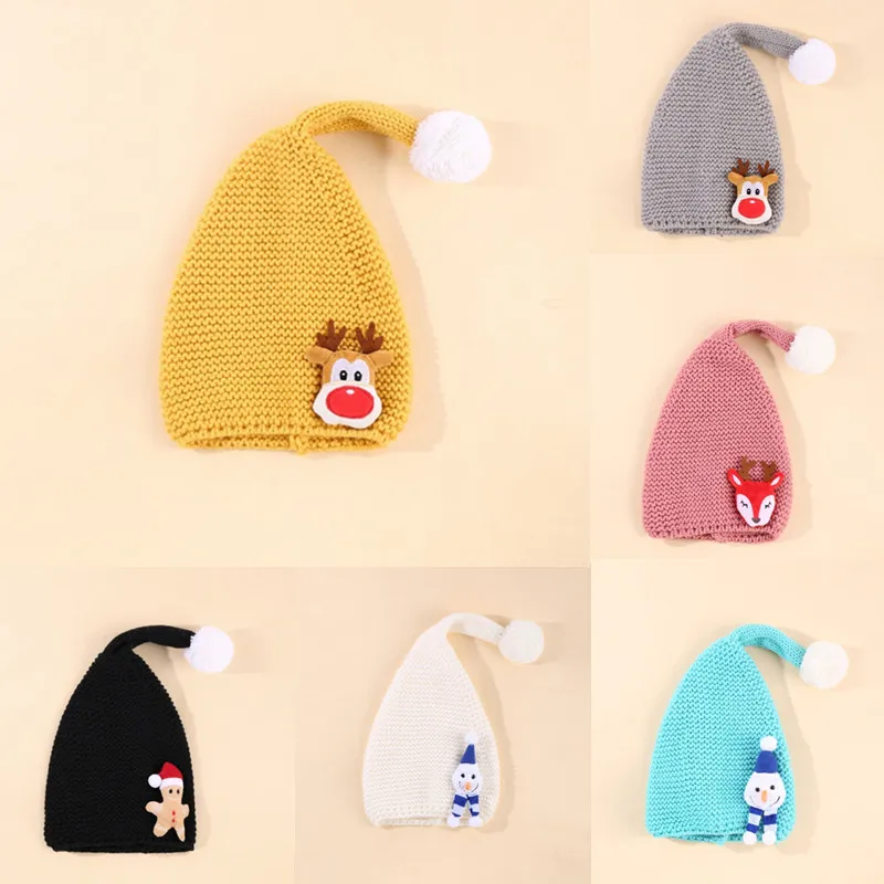 Baby Christmas Hat Cartoon Elk Fur Ball Knitted Kid Beanie Cap Winter Baby Photography Bonnet for 1-4 Year Old Baby Festival Hat