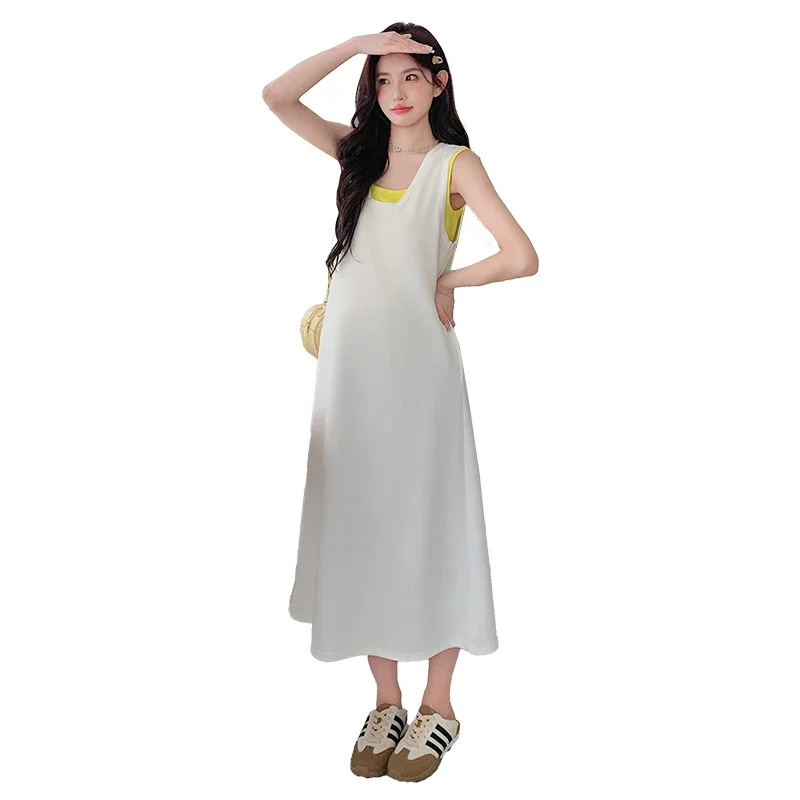 Korean Style Summer Maternity Clothes Set Yellow Tank Top Sleeveless Sundress 2pcs/set Elegant Pregnant Woman Dress Suits