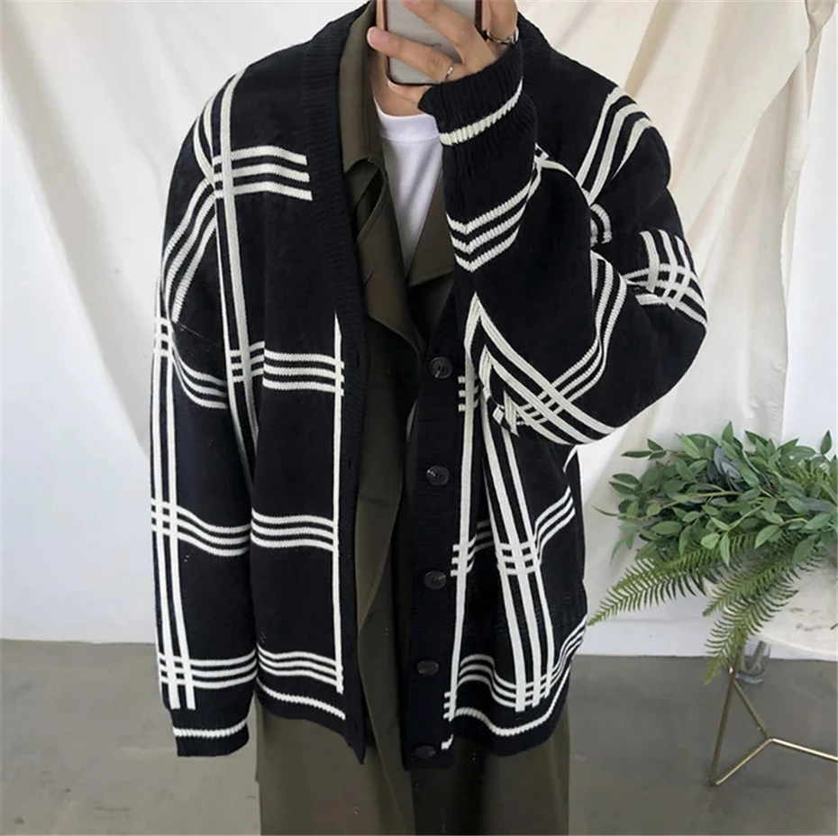 

Knitted Sweater Cardigan Men Harajuku Korean Japanese Style Plaid Striped Sweater Male Sweatercoat Streetwear