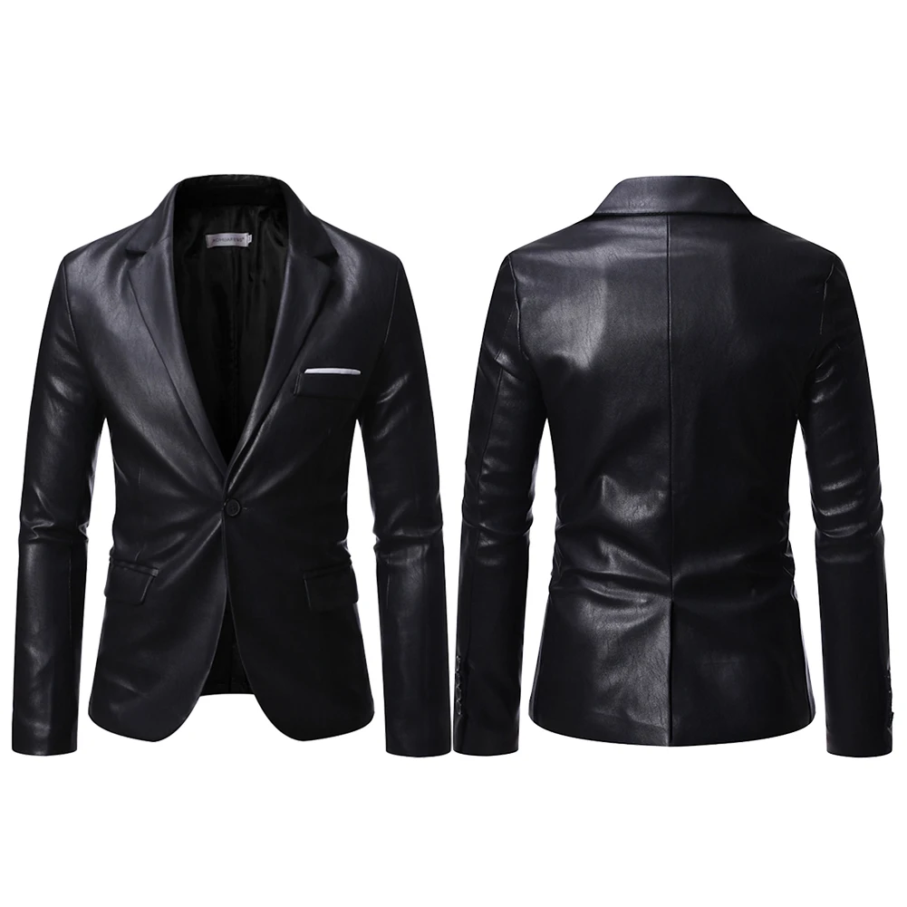 Description Picture 2 of itemMen Blazer 1pc Black Casual Coat Fashion Lapel Single Button PU Faux Leather PU Faux Leather Blazer Men Stylish