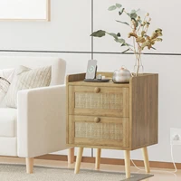 Rattan Nightstand with Charging Station, Rustic Bedside Table with 2 Drawers, Natural Nightstand for Bedroom 3