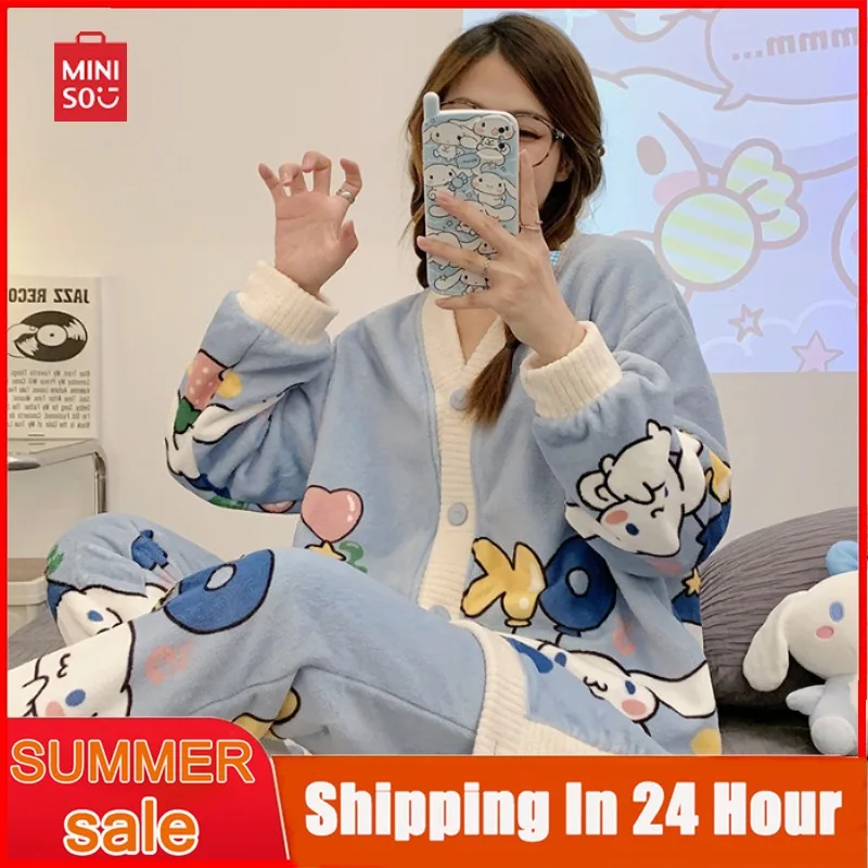 

Набор одежды для сна Miniso в стиле аниме Cinnamoroll Y2K, Женская милая домашняя одежда для девушек, женская летняя Свободная Повседневная Пижама с милыми рисунками из мультфильмов, комплект с брюками