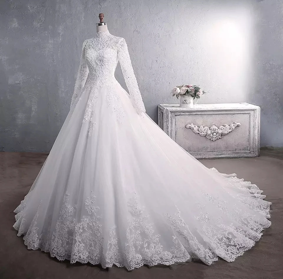 White/Ivory A-Line Long Sleeves Wedding Dress Lace Appliques Beading Sequins Bride Dresses High Neck Elegant Wedding Gowns pink wedding dress