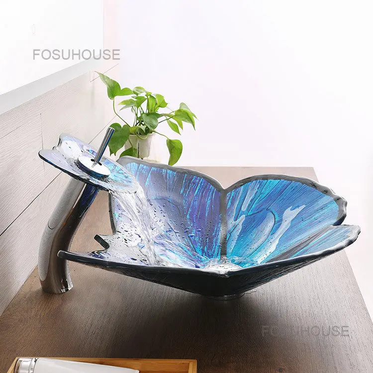 Garden Glass Table Basin Toilet Bathroom Sinks Butterfly Creative Bathroom Washbasins Vanity Washing Sinks Kitchen Basin D