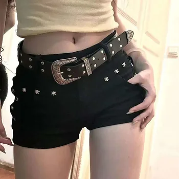 denim shorts, low waist, black shorts, Y2K fashion, punk style, gothic shorts, summer shorts, slim fit, casual denim, women's shorts, P 1