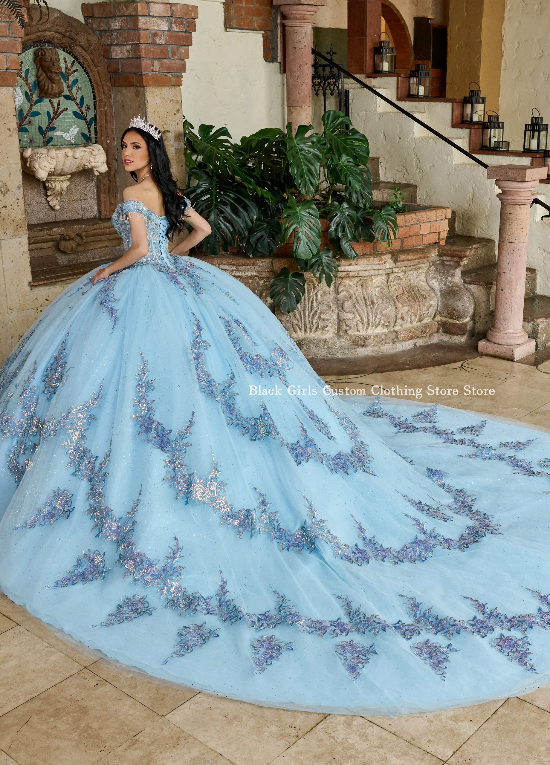 Sky blue Ball Gowns One-shoulder Sheer Fishbone Corset Beaded Appliques vestidos en oferta liquidaci&oacute;n env&iacute;o gratis Custom