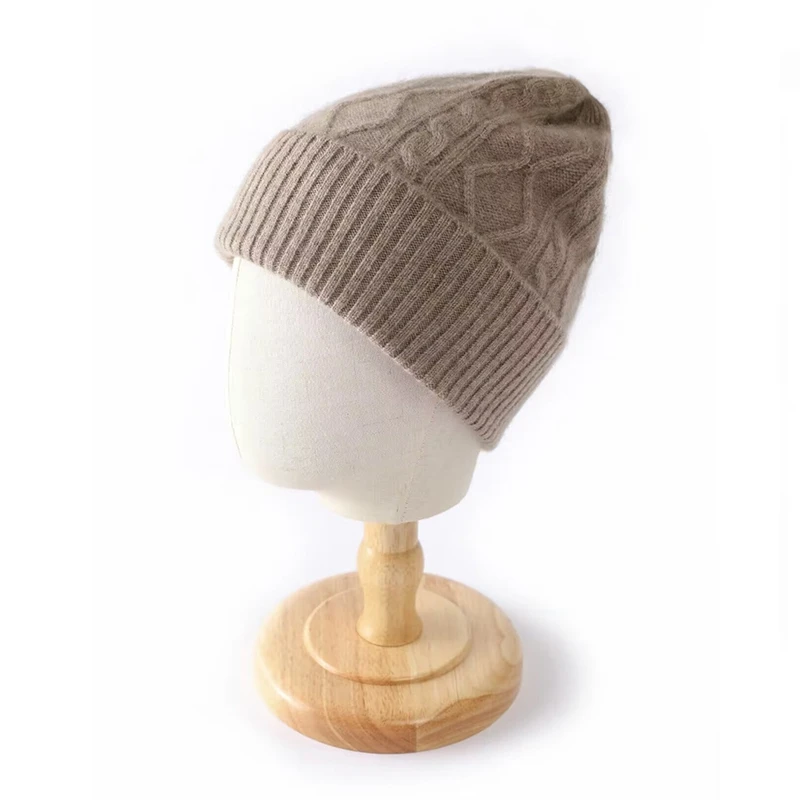 100%Pure Cashmere Women's Winter Hat 2023 Warm Wool Soft Beanie Bonnet y2k Rhombus Luxury Beanies For Lady Knitted Skullies Cap 3