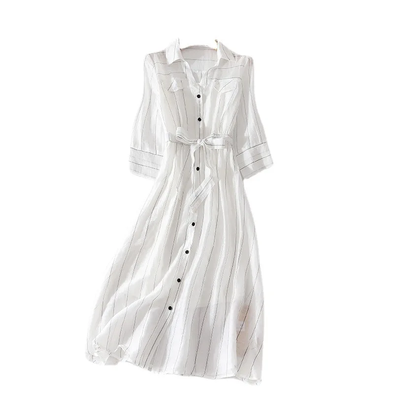 

White Dress for Women Clothing Summer Dress Women Office Lady Casual Belt Dresses Mid-length Silk Dress Vestidos De Fiesta Zm628