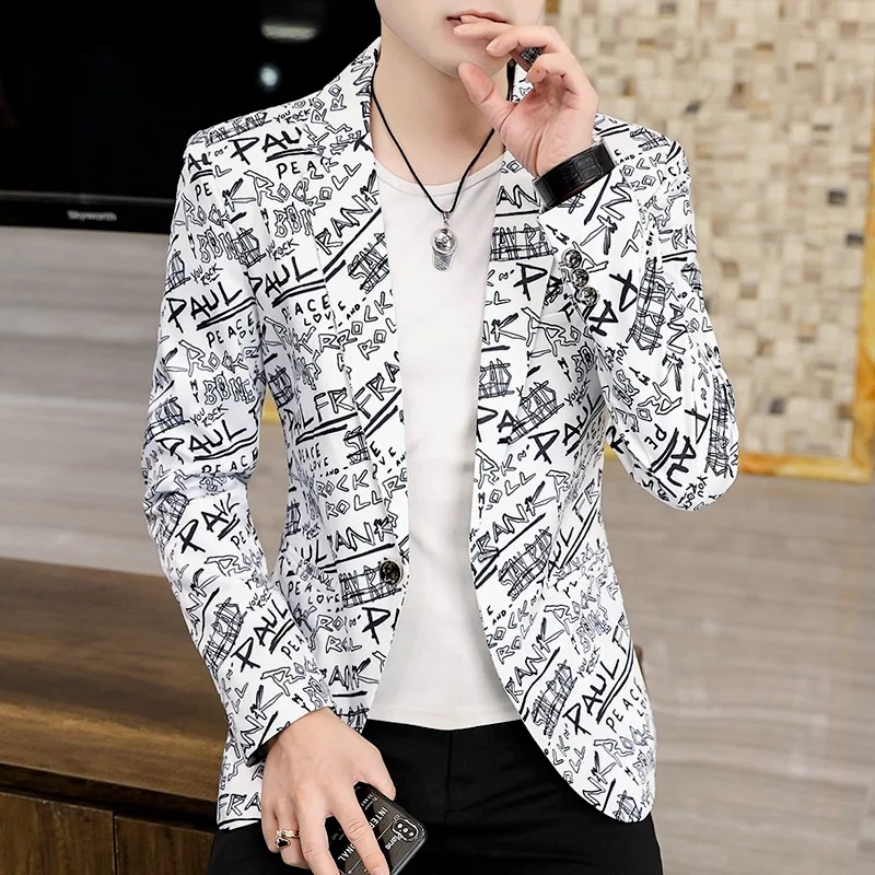 Men's Blazer Fashion Party Coat Casual Slim Jacket Button Suit Letter Flower Print men blazers