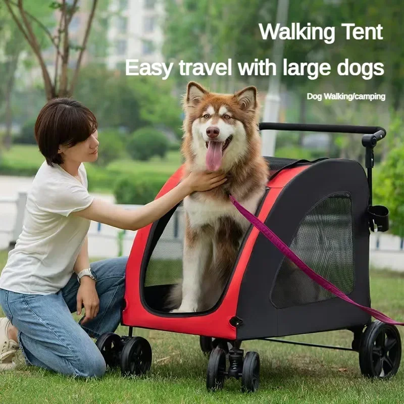 Foldable Large Dog Pet Stroller Large Space Breathable Mesh Dog and Cat Stroller for 50KG Walking Transport Car