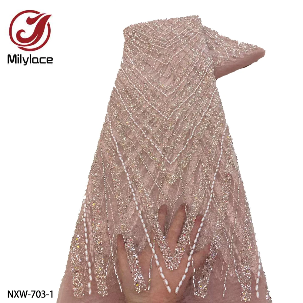 

African Heavy Beaded Lace Fabric High Quality Nigerian Sequins Tulle 3D Fabric Material for Wedding 5 Yards NXW-703