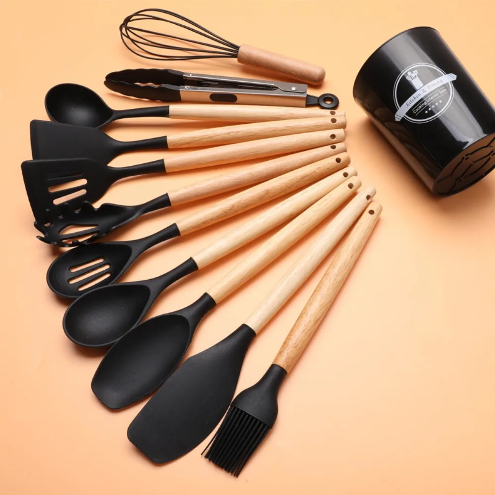 12pcs Silicone Kitchen Utensils Ergonomic Wooden Handles