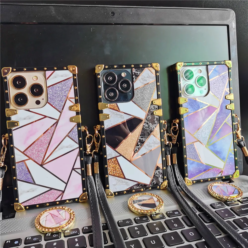 Luxury Bling Diamond Geometric Splice Lanyard Cover Gold Square Phone Case Per Motorola Moto One 5G Ace G Power G Stylus G Play