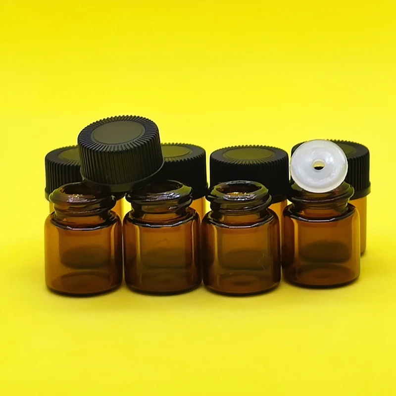 48pcs/pack 1ml Small Amber Glass Vials Bottles Containers With Orifice Reducer Black Cap For Essential Oil Sample Perfume Bottle