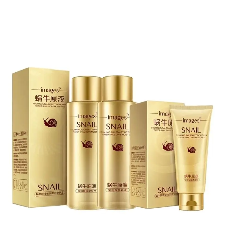 IMAGES 3PCS Snail Face Skin Care Sets Hyaluronic Acid Moisturizing Whitening Facial Cleanser+Toner+Emulsion Anti Aging Wrinkles 3pcs set turmeric face care sets facial acne cleansing cream anti aging serum remover dark spots whitening facial oils skin care