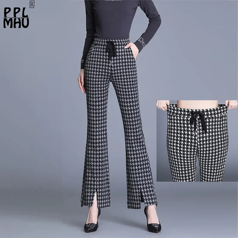 Elegant Houndstooth Flare Pants Women Split Elastic High Waist Skinny Pantalones Vintage Capris Lace Up Bell-Bottom Trousers