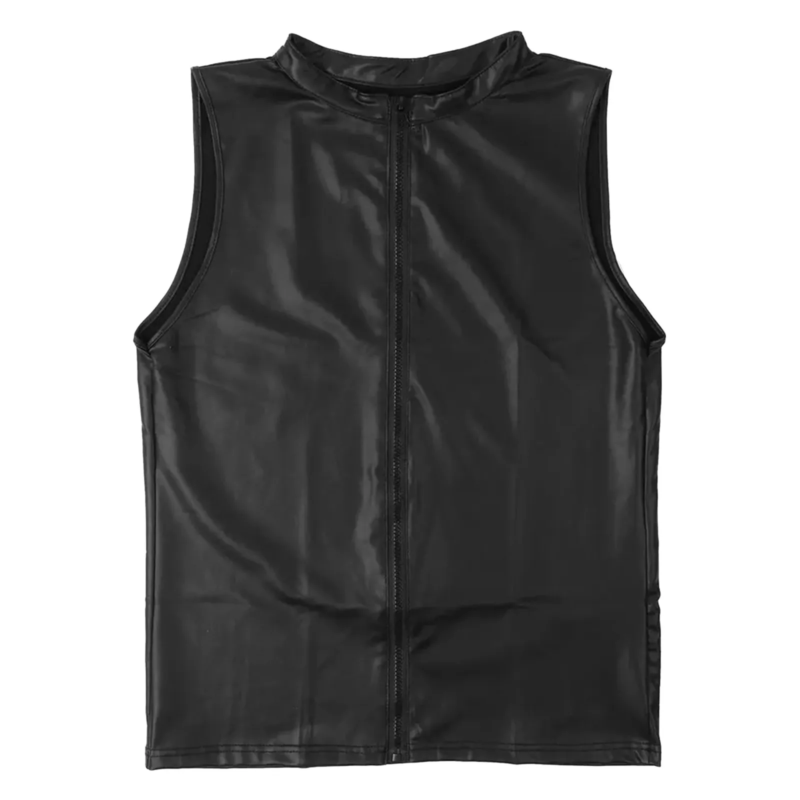 Men Hooded Tank Tops Wet Look Patent Leather Vest Sleeveless T-Shirt Zip Up Singlets Club Party Tee Tops tank top