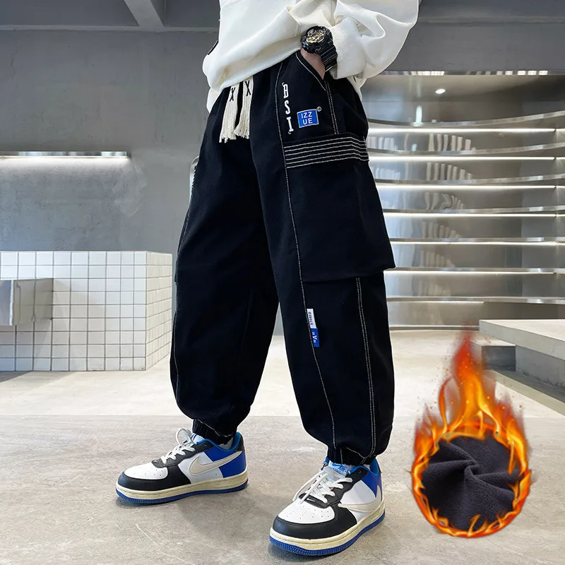 

Boys Plush Overalls Winter 2022 New Style Thick Trousers For Teen Children Trendy Fried Street Trousers Kids Warm Cargo Pants