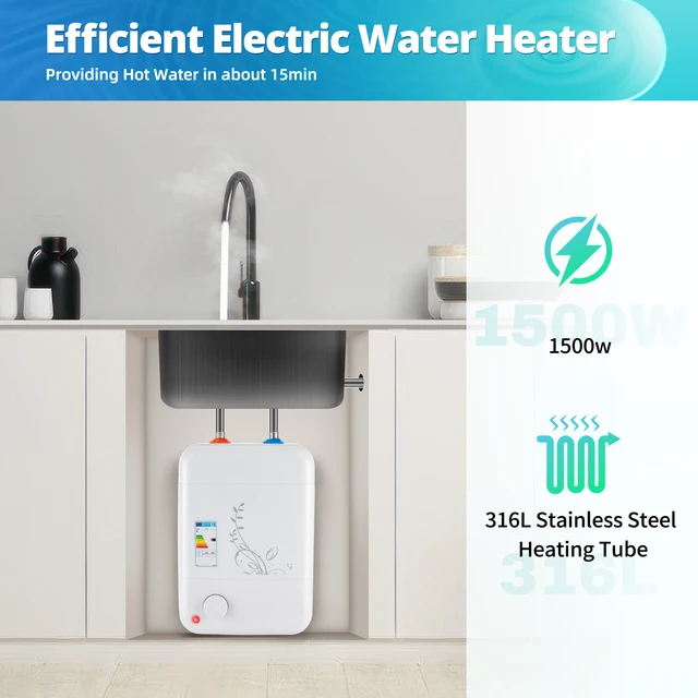 Chauffe-eau sans réservoir 1500W 220-240V 8L blanc sous évier chauffe-eau électrique instantané sous évier pour la cuisine à domicile 1