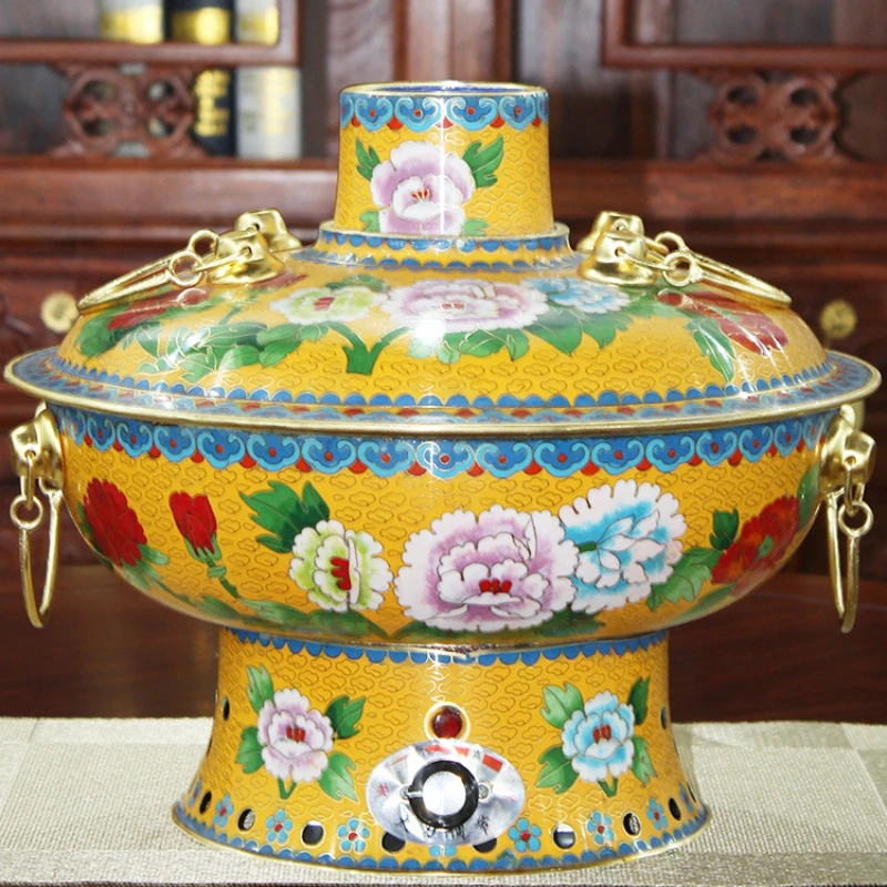 

Cloisonne electric carbon dual-purpose enamel retro traditional Chinese old-fashioned pure copper household hot pot.