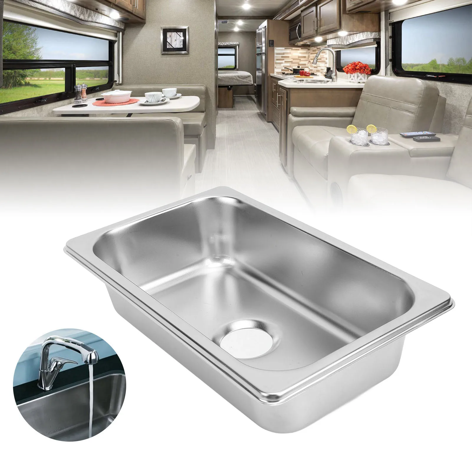 RV 304 Stainless Sink Kitchen Rectangular Hand Wash Basin Sink with 40mm Sewer Outlet for Boat Caravan Yachts Boats