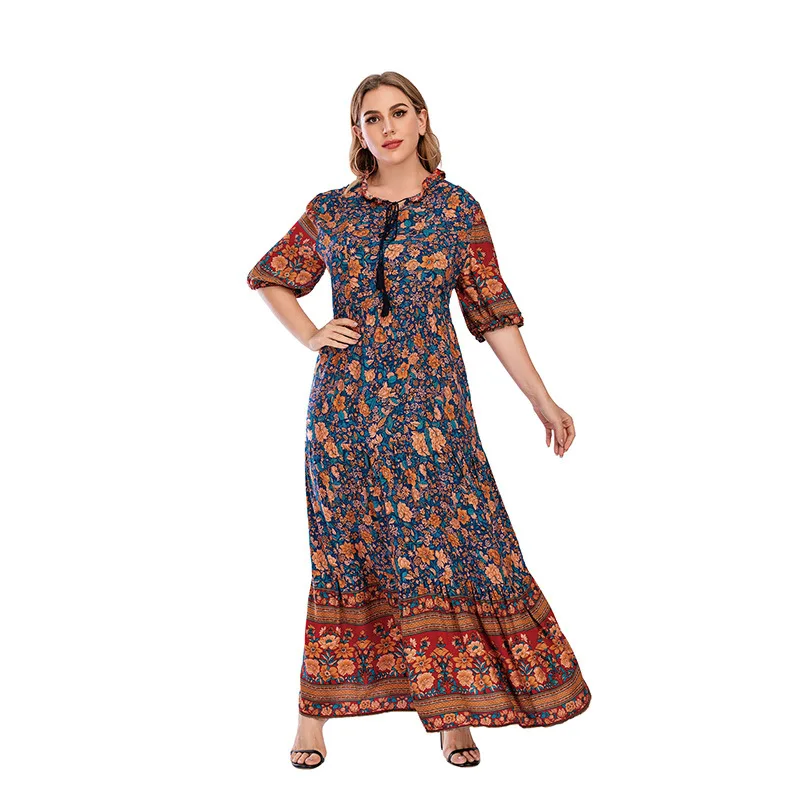 

Plus Size Ladies Fashion Dresses Woman Summer 2023 Round Neck Swing Skirt Short Sleeve Printed Loose Elegant Casual Robe