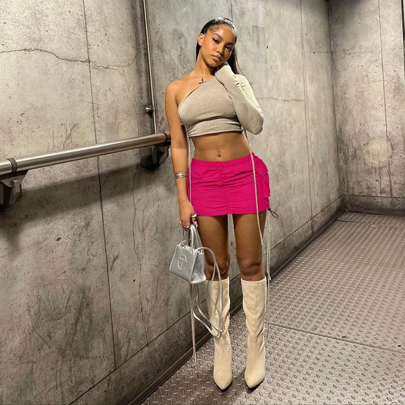 Solid Drawstring Ruched Cargo Skirt For Women High Waist Y2k Women Clothes Casual Pleated Saias Fashion Streetwear Summer 2023
