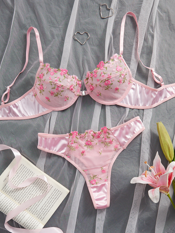 Pink Floral Embroidery Lingerie Set 2PCS Underwired Semi-Sheer Front Closure Back Double Hooks Sexy Underwear for Romantic Occas