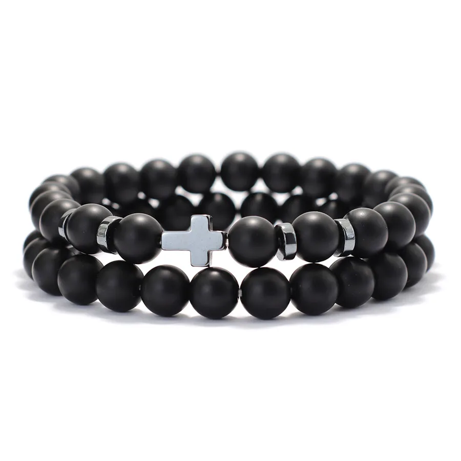 Men Wooden Cross Hematite Healing Beaded Wrap Bracelet Set