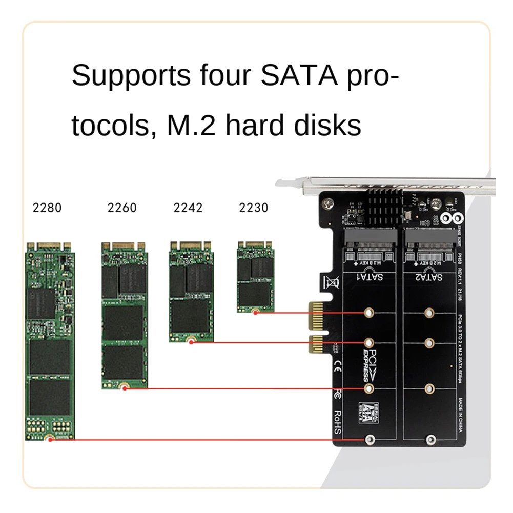 PH58 2 x M2 SATA to PCIE Adapter Card Double Disc Display Card RAID Splitter Expansion Card PCIe X1 to NGFF M2 SATA SSD