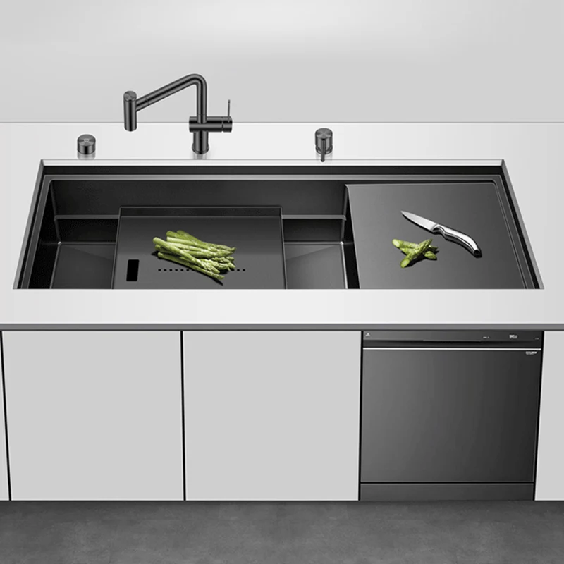 Single Large Size Nanometer Black Three Cover Hidden Kitchen Sink 4mm Thickness Handmade Sinks With Drain Plate Sinks