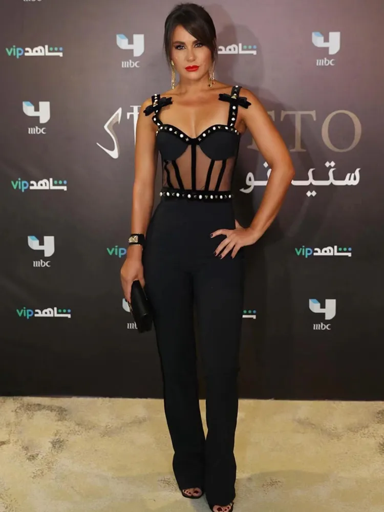 

Women Summer 2023 Sexy Mesh Beading Studded Black Bodycon Flare Bandage Jumpsuit Designer High Street Rompers