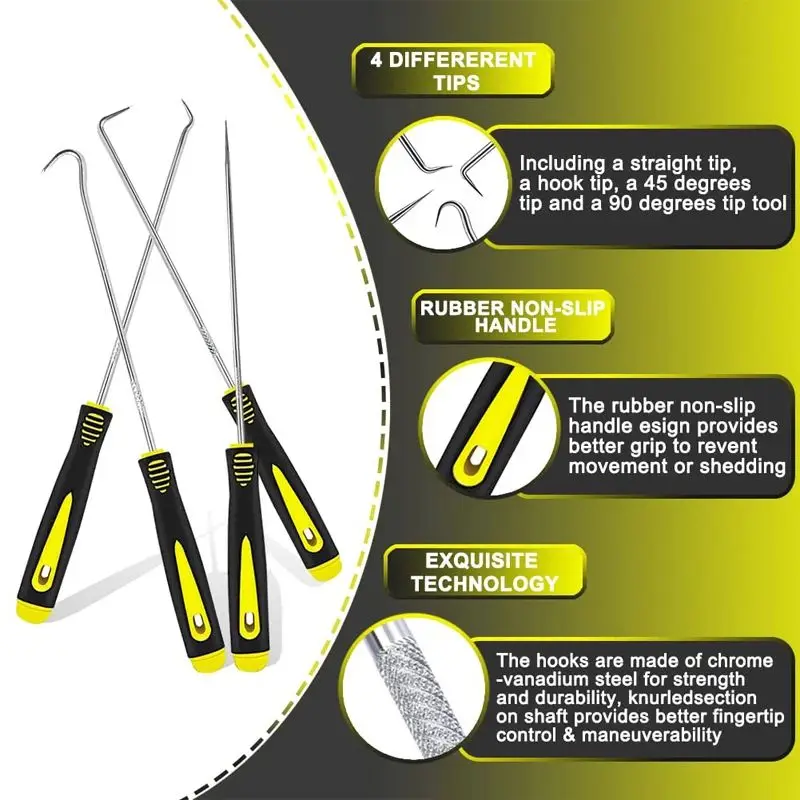 Pick and Hook Set, 4pcs, Car Auto Oil Seal/O-Ring Seal Gasket, Pick Hook Puller Remover, Tire Stone Cleaning