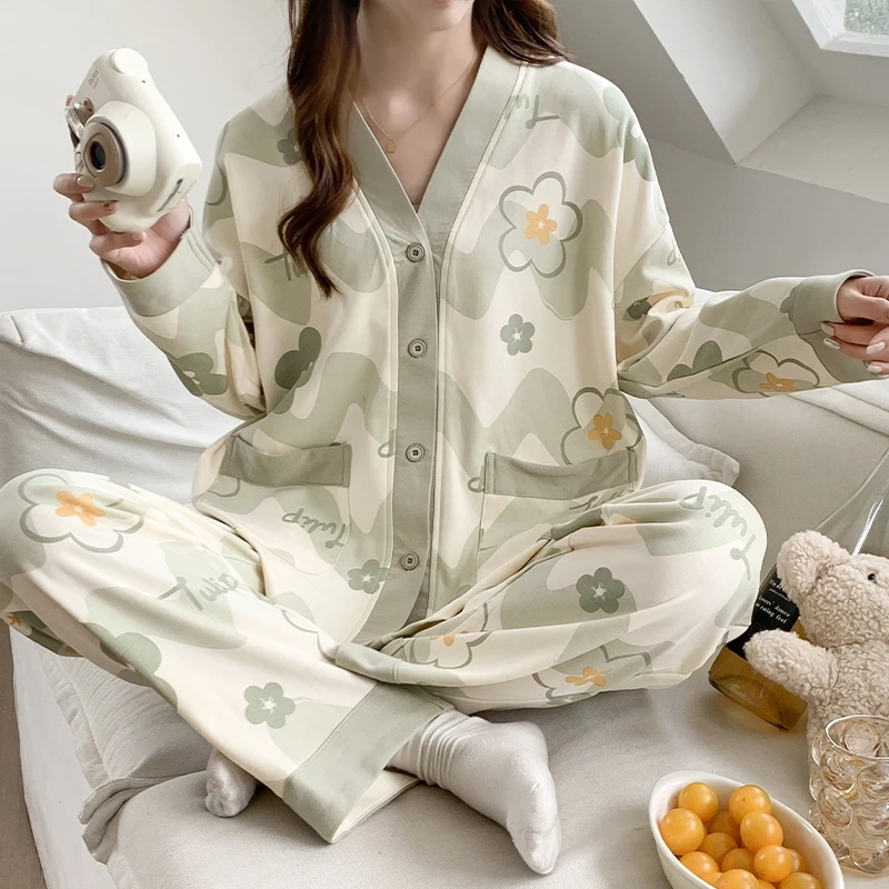 imitation cotton pajamas women's long sleeved pants cardigan student cartoon girl spring and autumn set home wear women pajamas set women pajama suit cotton pajamas set