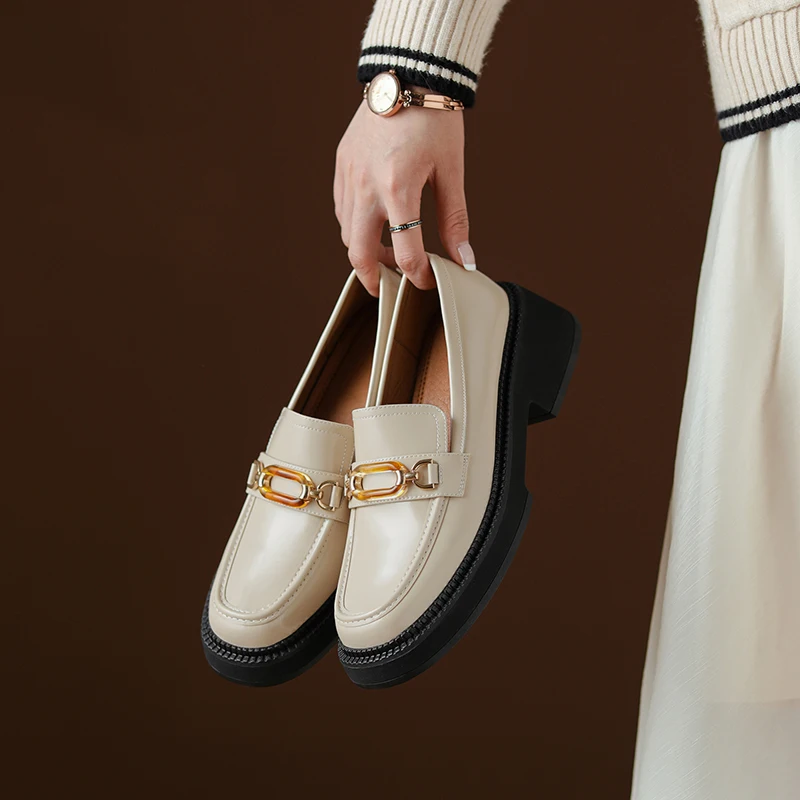 

MythLuo Platform Loafers For Women Chunky Heels Shoes Genuine Leather Square Toe with CHAIN Thick Sole Ladies Causel Shoes