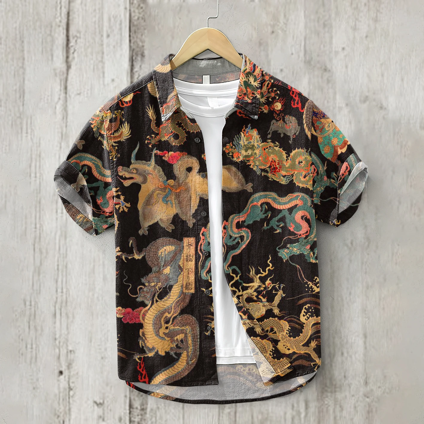 Foreign trade dirty octopus print men's youth short-sleeved luxury lapel shirt linen Hawaiian single-breasted shirt cardigan 3