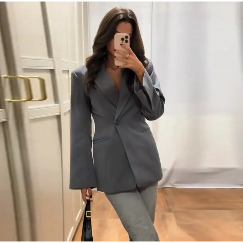 Elegant Metal Button Blazer Suit Women Slim V Neck Long Sleeve Fake Pocket Jacket Autumn Shoulder Pads Office Lady Outwear