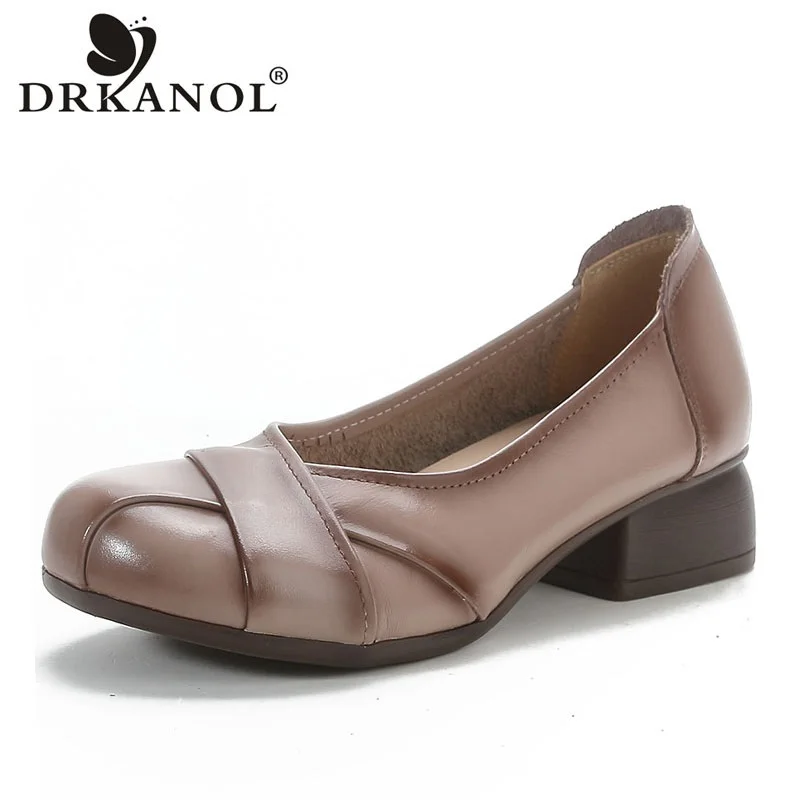 

DRKANOL Fashion Women Pumps Spring Shallow Genuine Leather Slip-On Loafers Round Toe Med Heel Retro Style Casual Single Shoes