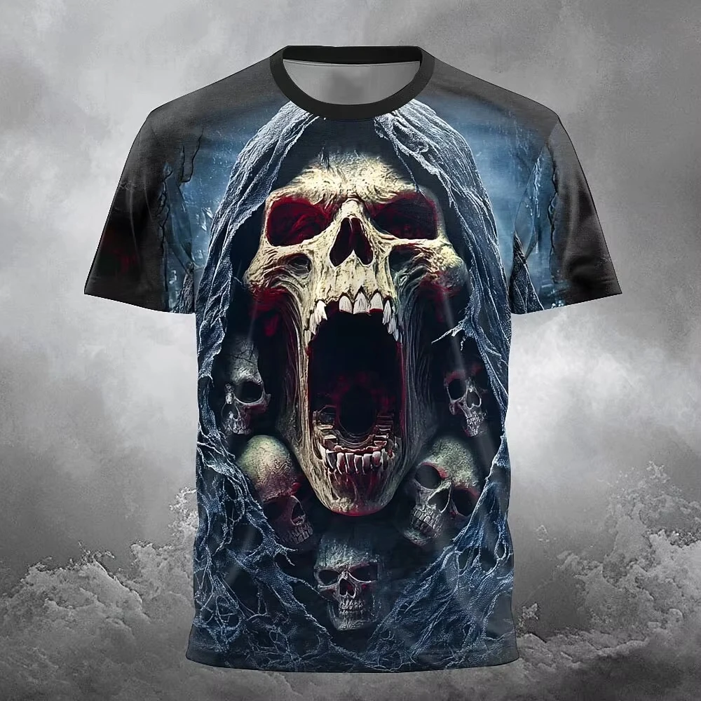 Herren Gothic Todesengel Totenkopf Grafik T-Shirt Halloween Punk Skelett-Print Y2K Hip Hop Familien-Matching Casual Fitness Oberteil