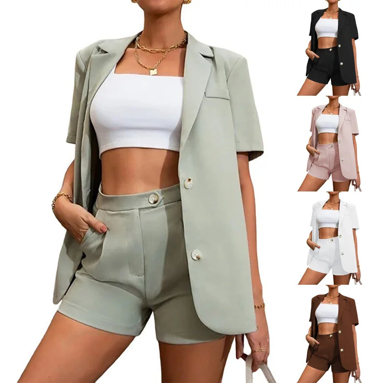 2022 Summer New Women's Suit Set Solid Color Coat High Waist Shorts Two Piece Set Female and Lady Fashion Casual Office Clothing