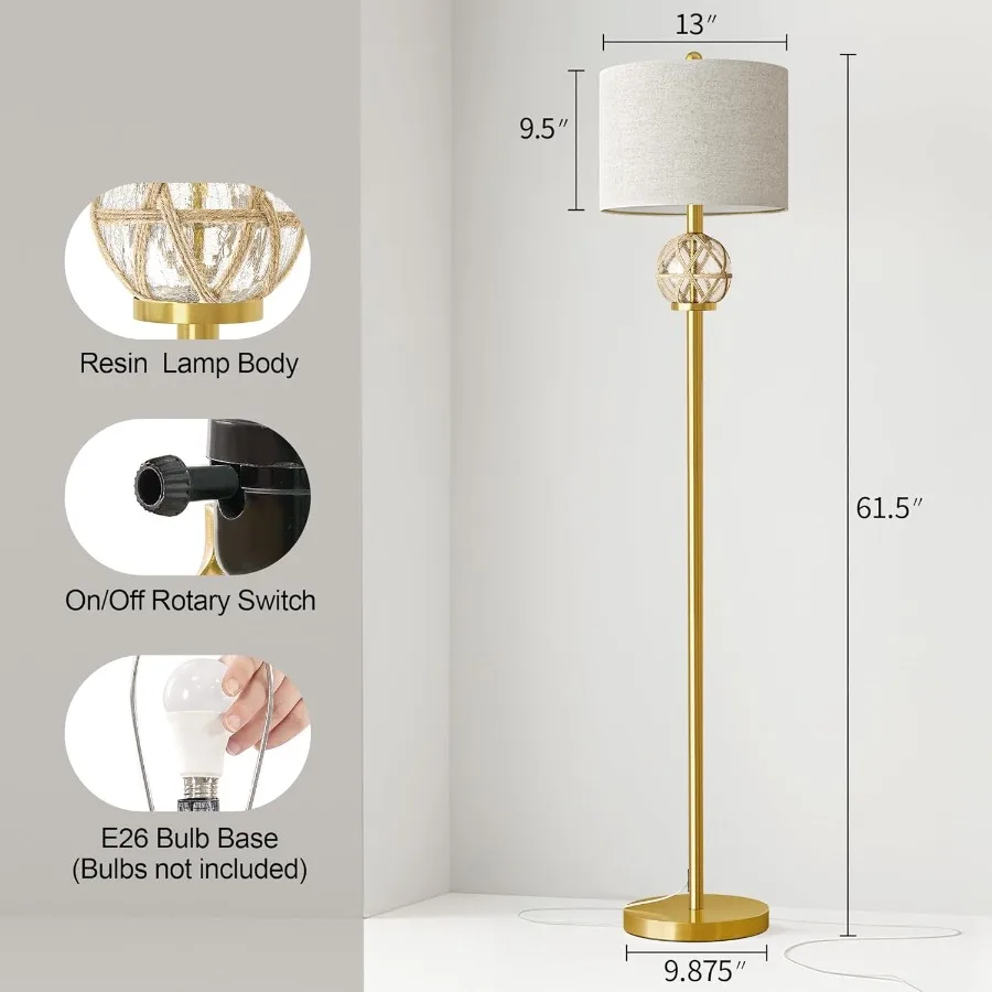Modern 61.5" Gold Boho Floor Lamp with Rattan Glass Shade 5