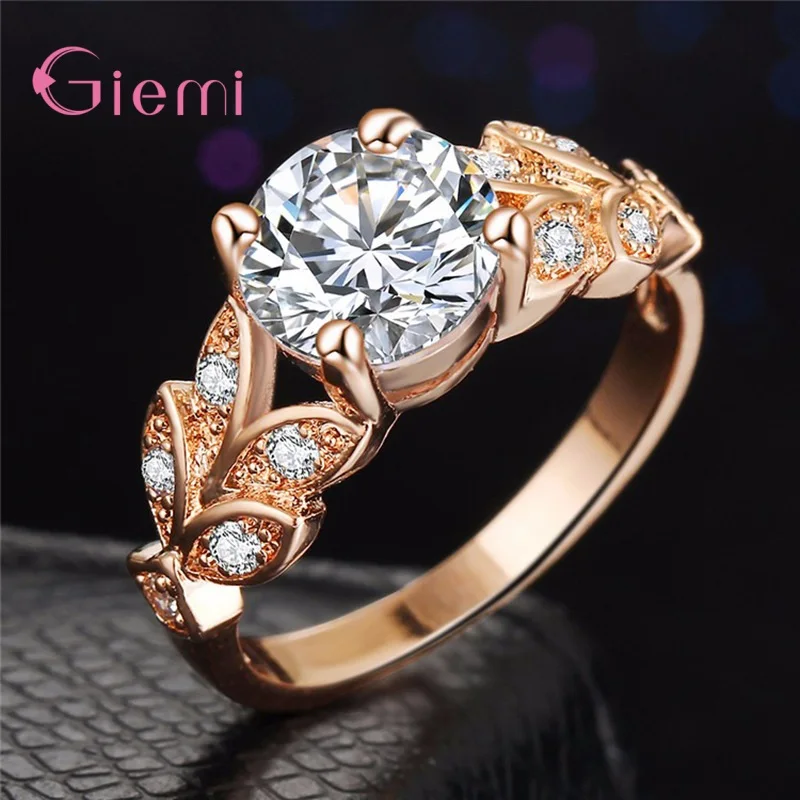 Silver Rings 925 Sterling Vine Leaf Design Engagement Cubic Zircon for Women Ladies Wedding Jewelry