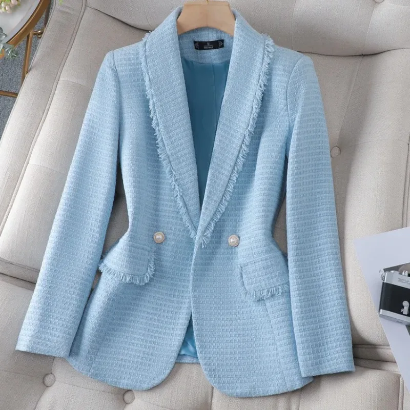 

Sky Blue Women's Elegant Blazer Suit Tweed Long Sleeve Double Breasted Jacket For Wedding Party Or Office Work Female New Jacket