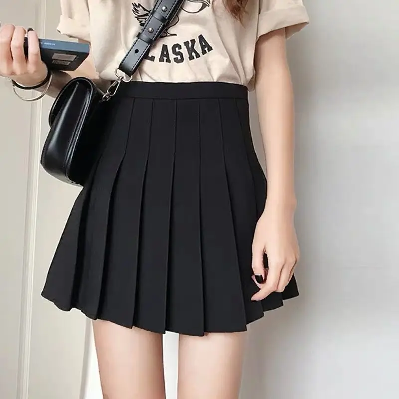 Women's Black Pleated Skirt High Waist Monochromatic All-match Zipper A-line Half Skirt Sweet Fashion Clothing Spring Summer New