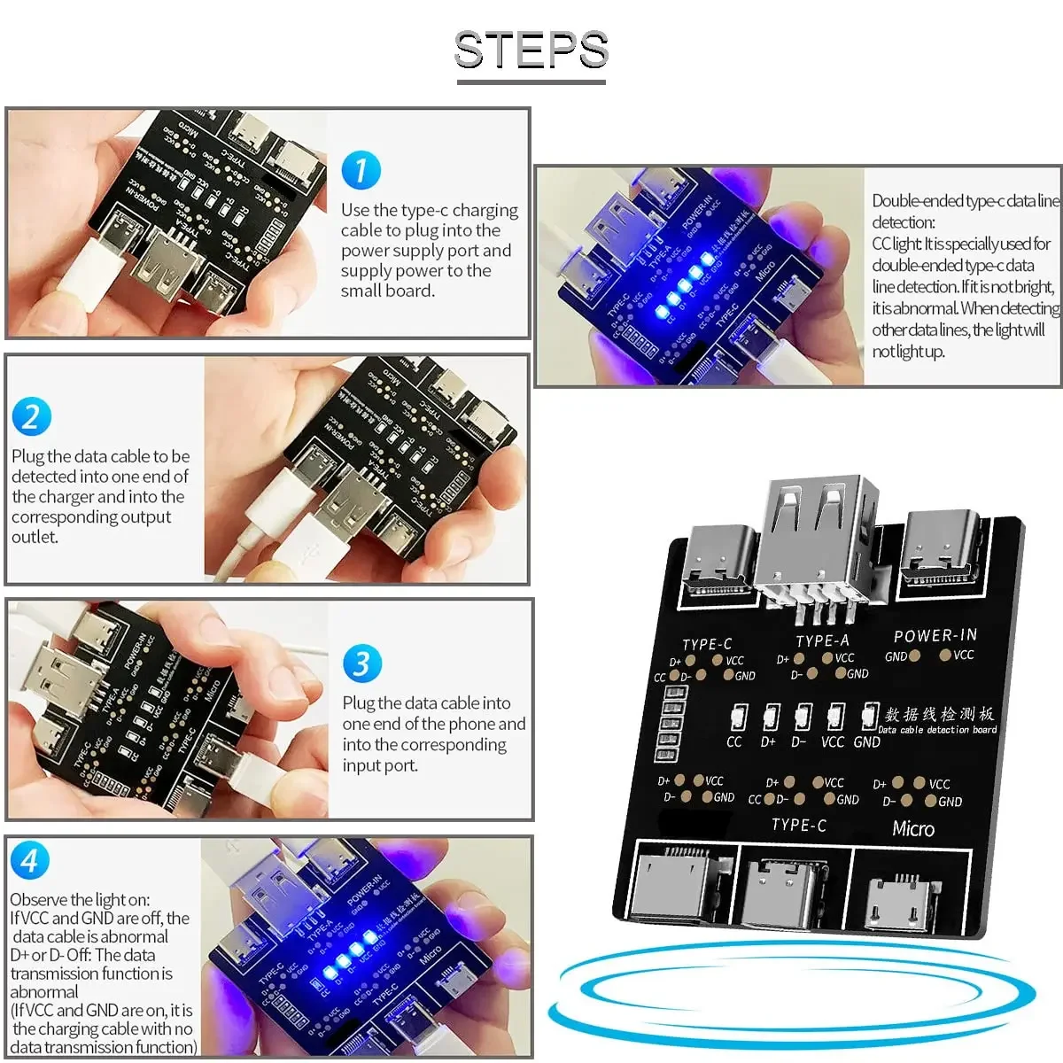 1-3Pcs DT3 USB Tester Data Cable Detection Board for IOS Android Micro Type-C Short Circuit on-Off Switching Test Board Tool