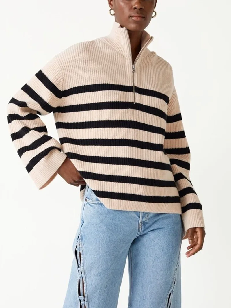 Women's Half Zipper Sweater Striped Turn-down Collar Ladies Long Sleeve  Loose Pullover Knitwear 2022 Early Autumn New All-match - Pullovers -  AliExpress