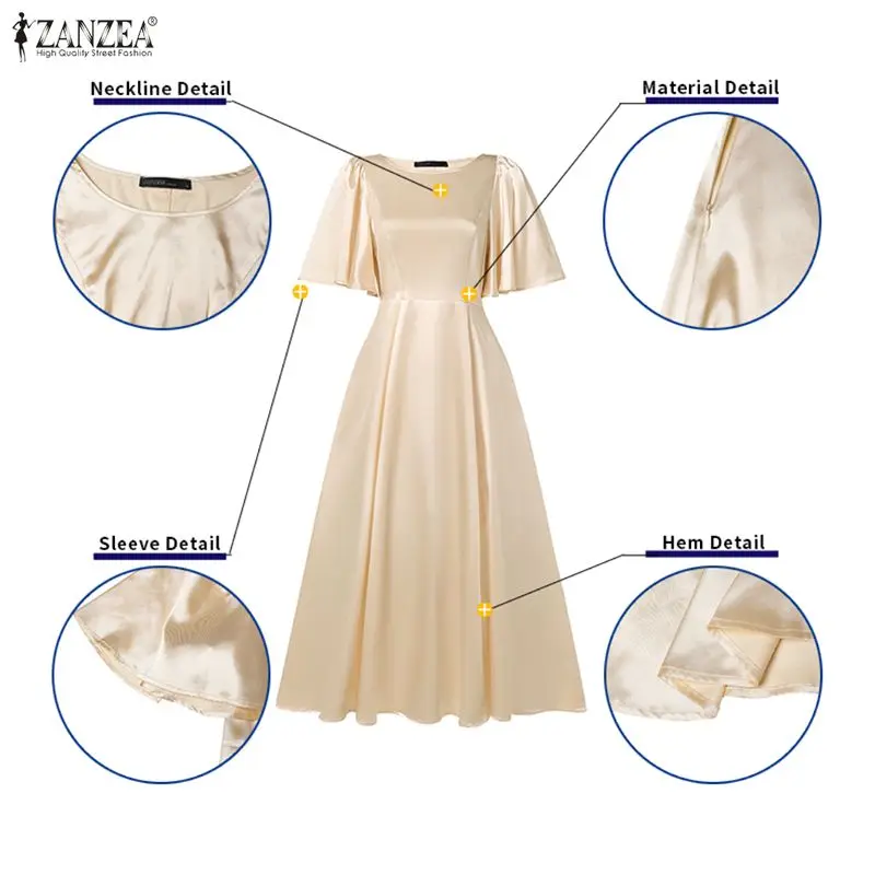2026 ZANZEA Elegante Abito da Sera a Trapezio da Donna in Raso, Vestito Estivo con Maniche a Petalo Corte, Tinta Unita, Abito Lungo da Sera - immagine 5