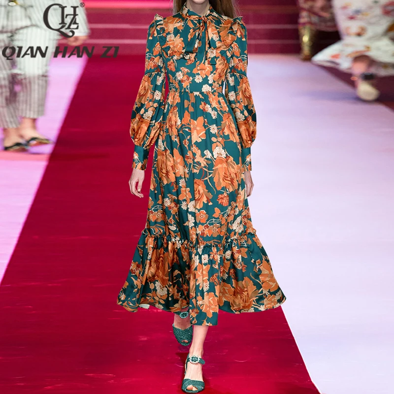 

QHZ Designer Fashion Runway Maxi Dress woman Scarf collar Lantern Sleeves flower print Vintage Slim luxury holiday long dress